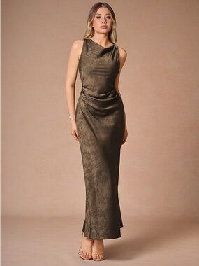 Azazie Sleeveless Brown Satin Jacquard Column Dress